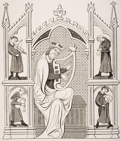 King David Playing the Lyre Surrounded by Four Musicians, after a miniature in a manuscript psalter, from 
